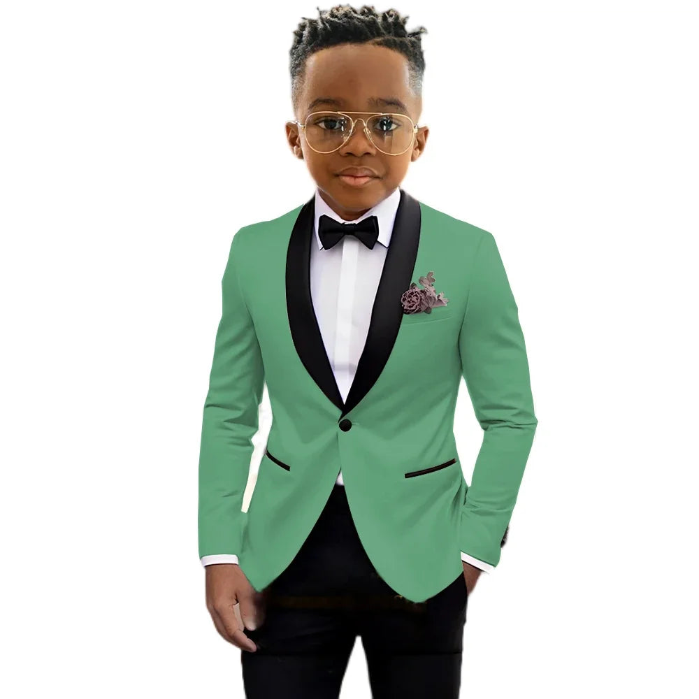 Boy's formal blazer and pant suit set by Showlu Fashion, suitable for weddings, birthdays, and stage performances for ages 2-16.