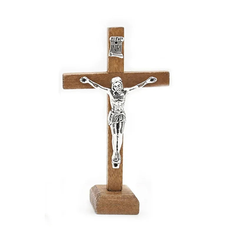 Wooden Catholic Jesus cross with stand, vintage Christian crucifix for church or home shelf display.