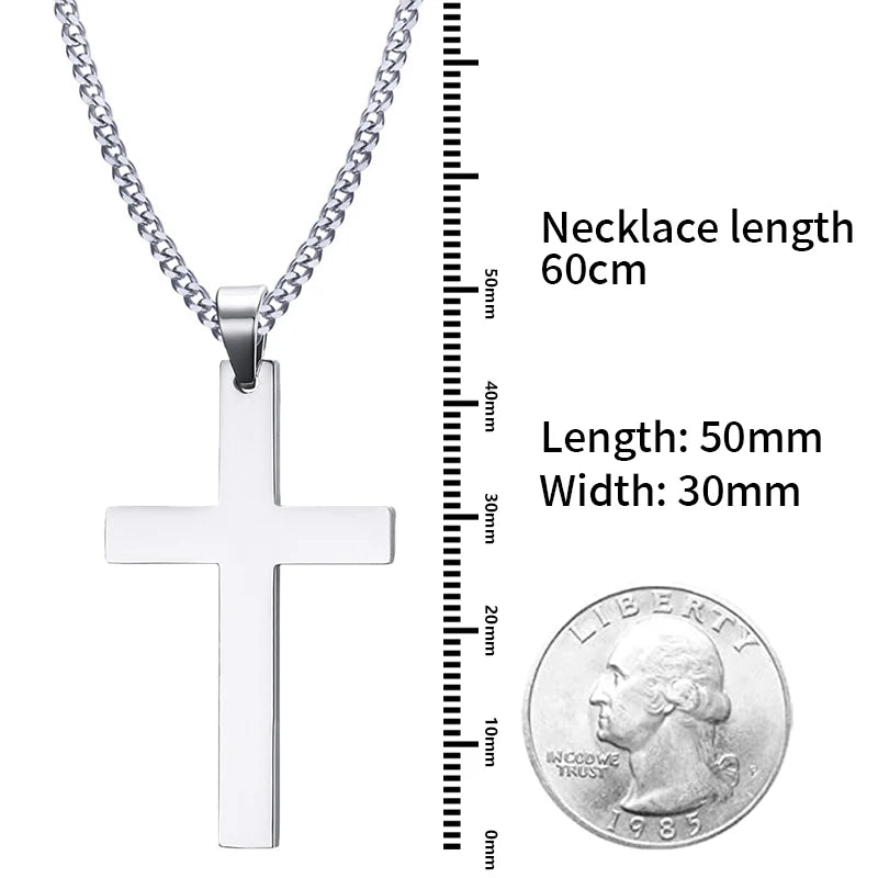 Showlu stainless steel cross pendant necklace with punk hip hop link chain, featuring a bold metallic design.