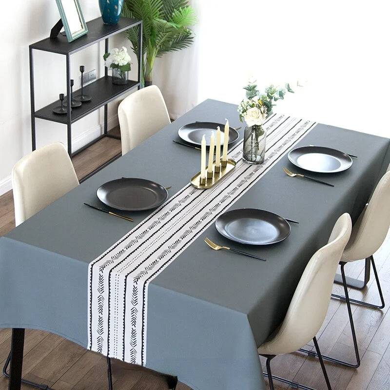 Rectangular Nordic-style printed tablecloth on a dining table, perfect for party decoration and table coverage.