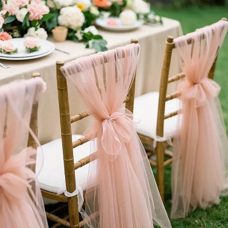 Set of 50 white gauze wedding chair sashes with bows and covers, measuring 200x75cm, for elegant aisle and party decor.