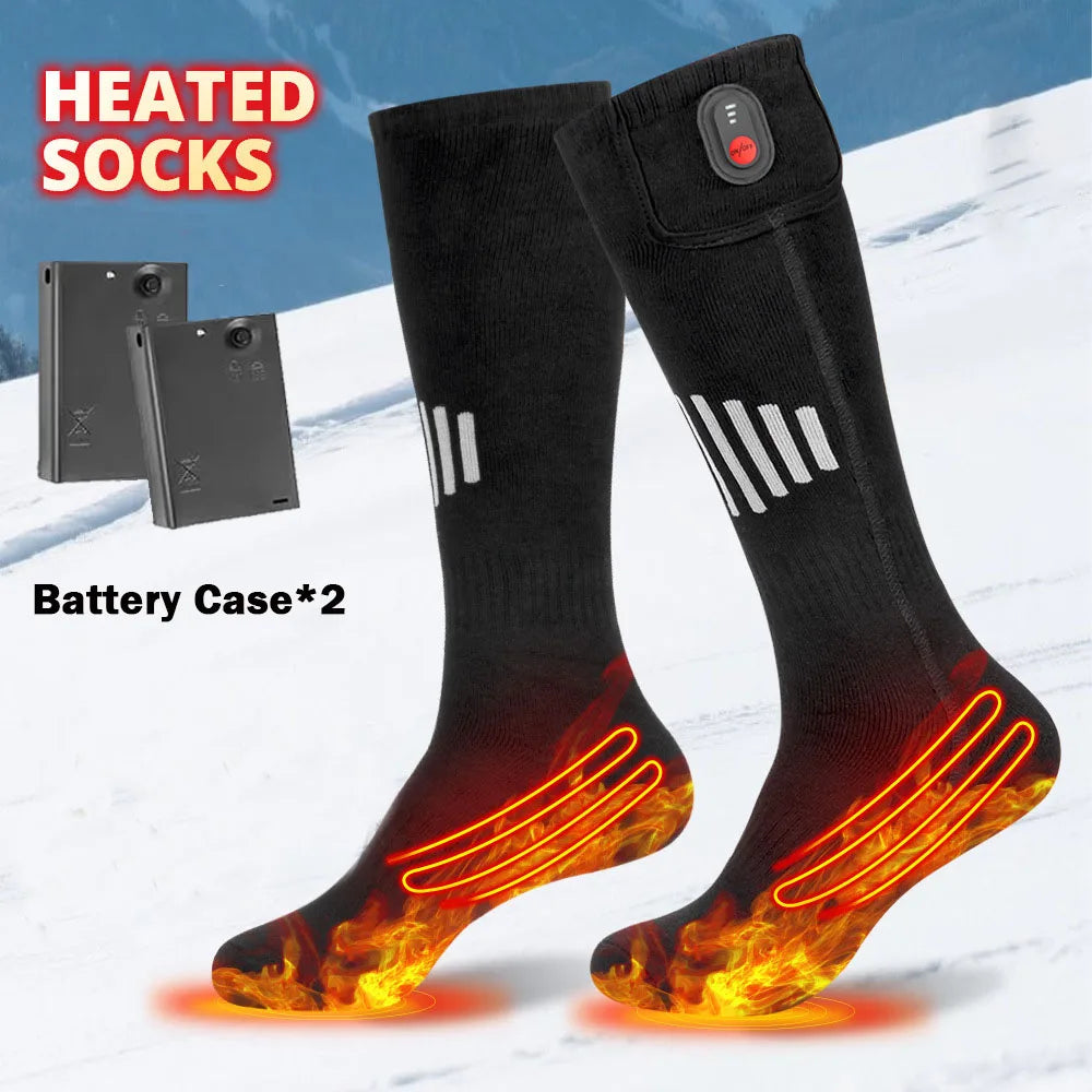 Rechargeable Showlu Smart Electric Heated Socks for winter warmth, featuring heating elements and comfortable knit fabric.