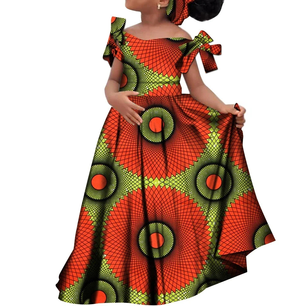 African dashiki cotton dress with matching headscarf for girls, vibrant and traditional design by SHOWLU FASHION STORE.