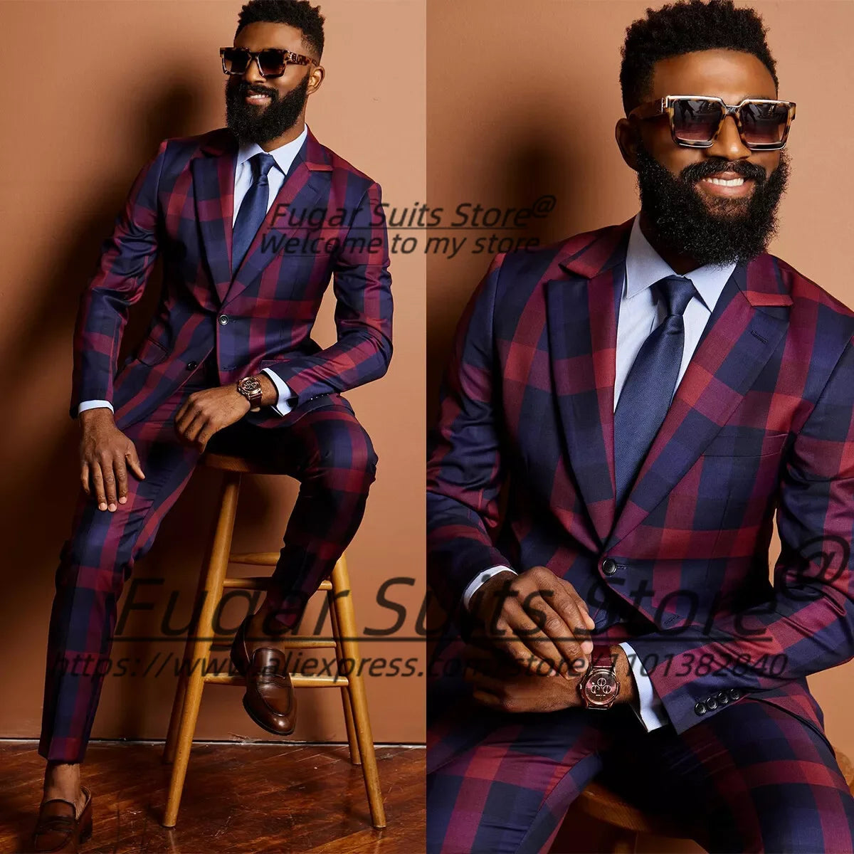 Slim fit plaid prom suit for men with notched lapel, casual blazer, and matching tuxedo pants, stylish men's fashion by Showlu.