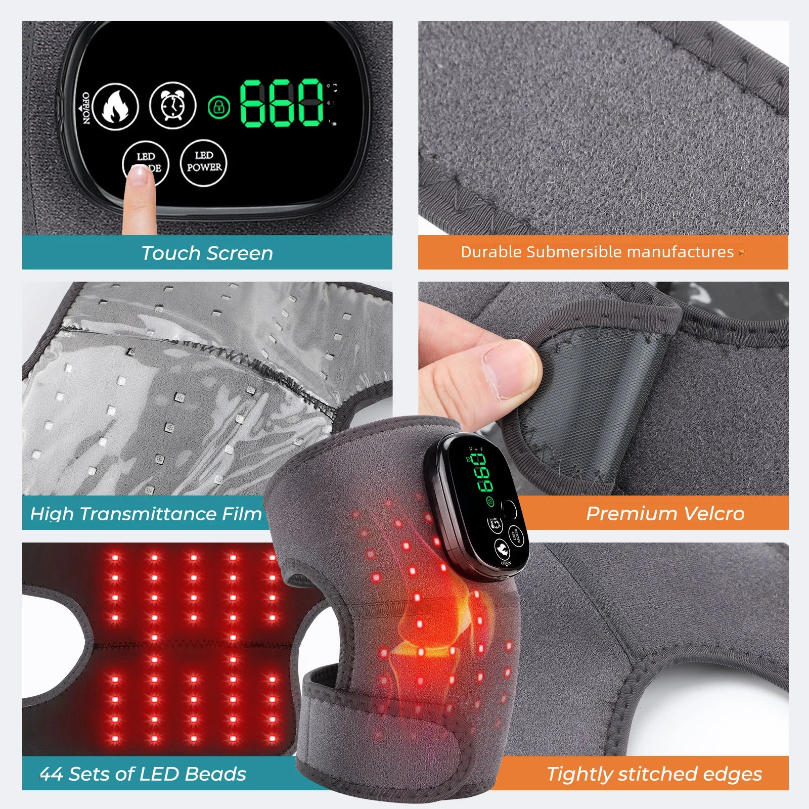 Red light knee and shoulder massager with heating support, 44pcs LED pads, rechargeable, for muscle relaxation and pain relief.