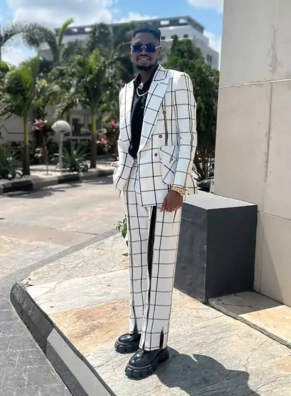Men's double-breasted check tuxedo suit set by SHOWLU FASHION STORE, featuring a stylish 2-piece wedding tuxedo with classic design.