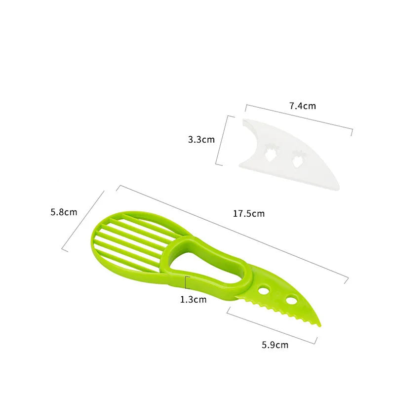 3-in-1 avocado tool by Showlu Fashion Store showing a green avocado with a built-in pitter, slicer, and peeler in a close-up image.