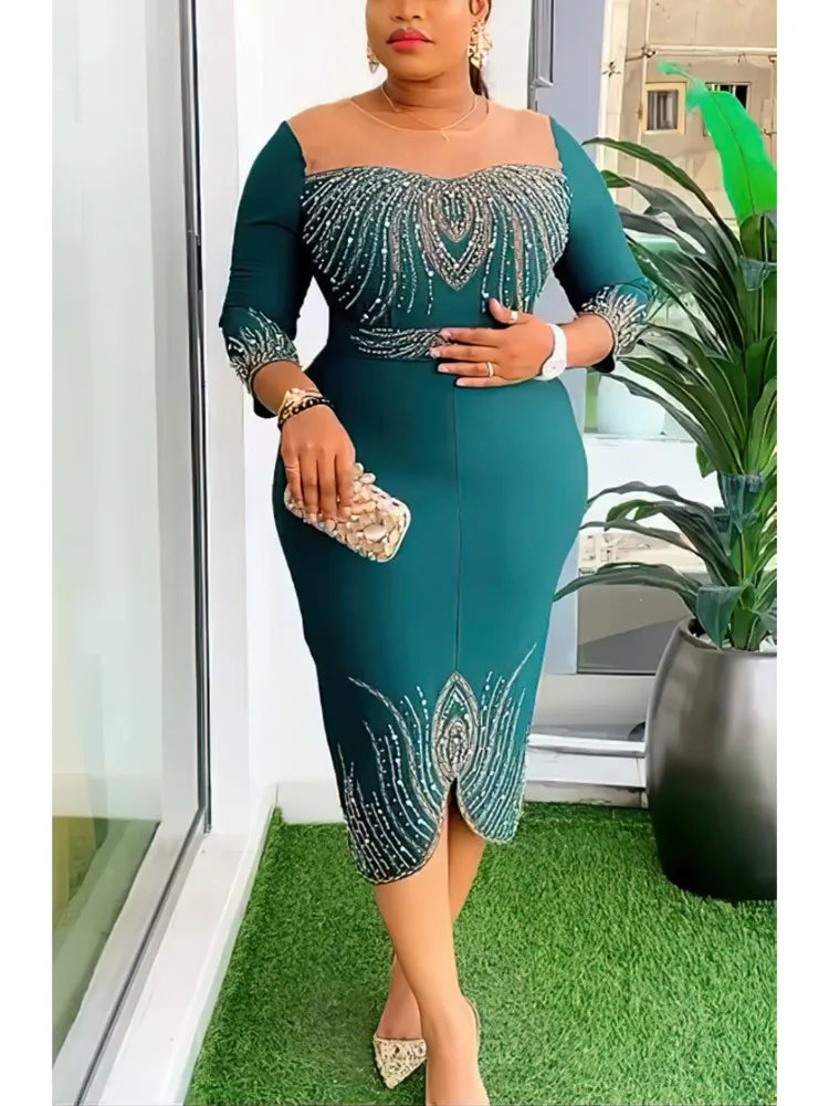 AOMEI women's slim fit evening dress with mesh patchwork design, featuring a hot drill pattern for party and evening occasions.