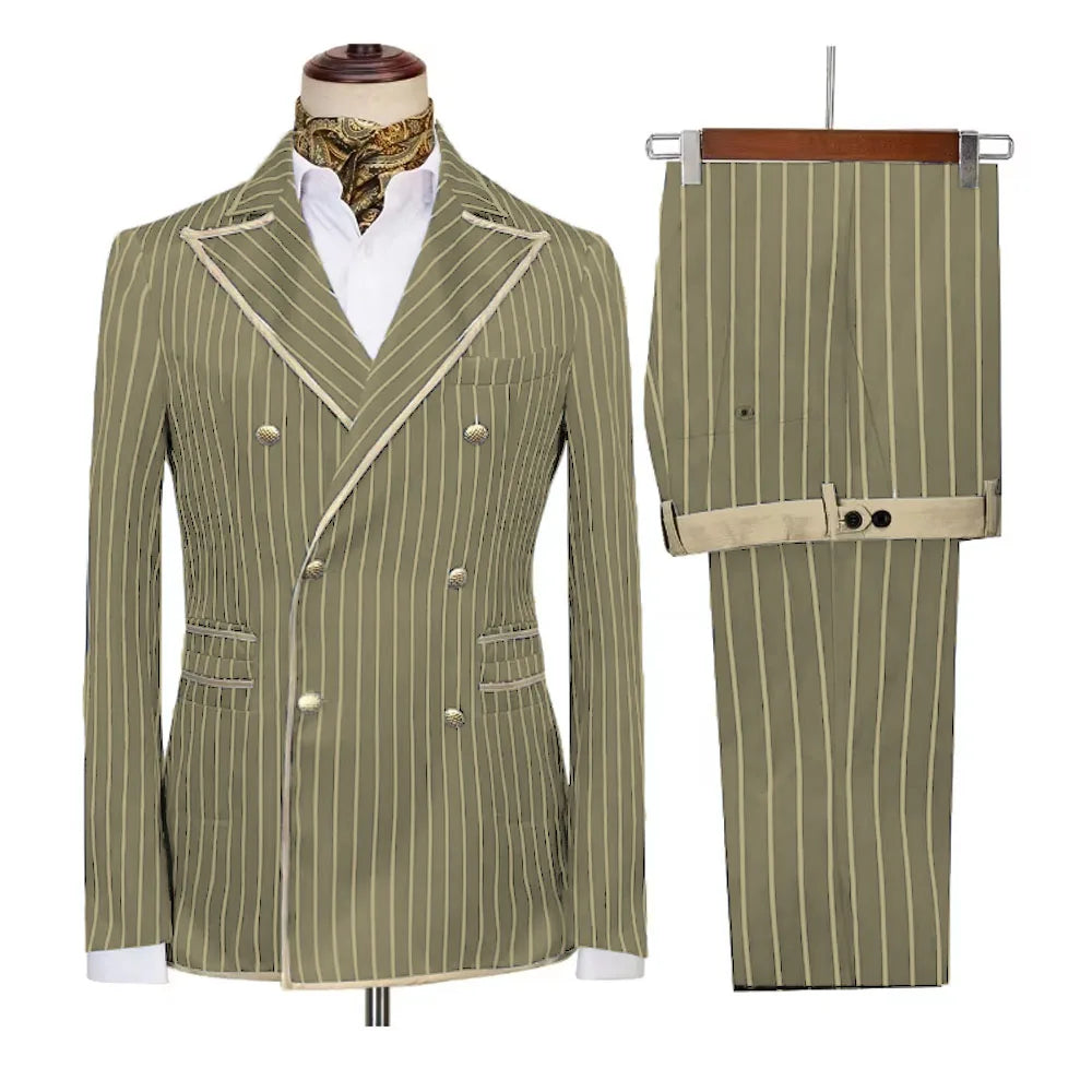 Men's high-end striped double-breasted suit with peak lapel, blazer and pants, slim fit, smart casual formal tuxedo by Showlu Fashion