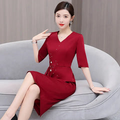 Elegant Chinese Style Sleeveless Midi Dress Slim Fit Maternity Wedding Guest Dress V Neckline Knee Length Formal Dress