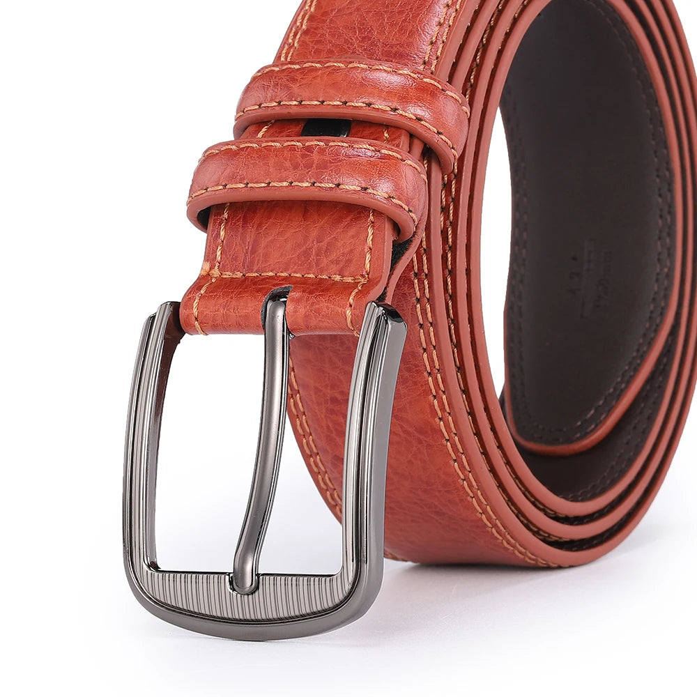 Showlu men's split leather casual belt with cowhide material and pin buckle, stylish accessory for everyday wear.