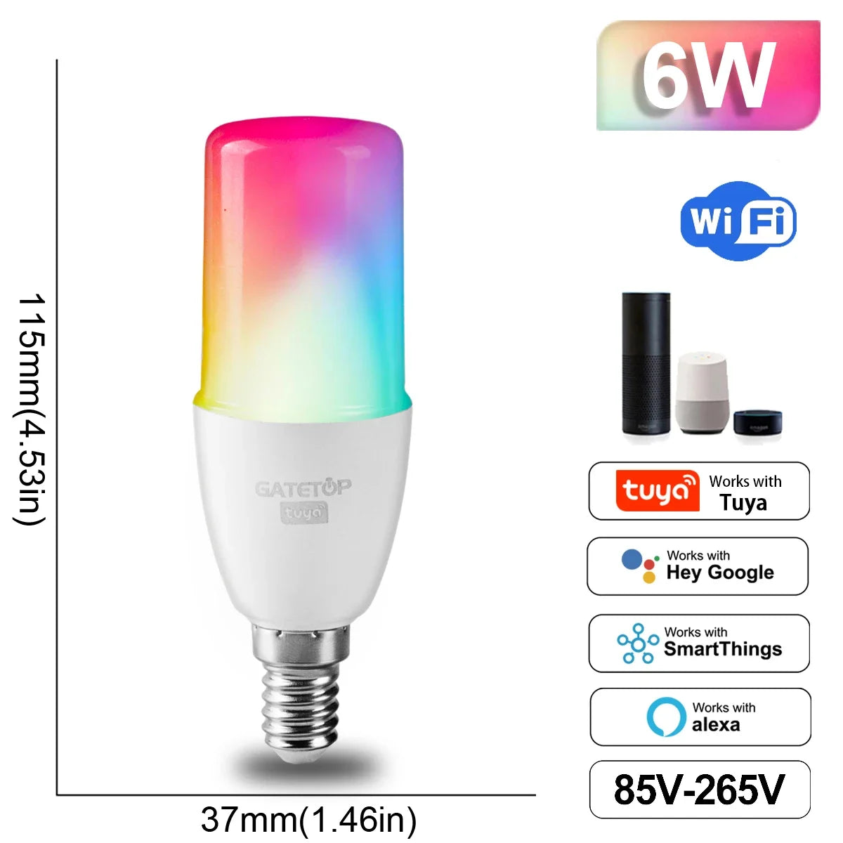 Smart WiFi adjustable color LED spotlight bulb by Showlu Smart General showing the bulb with customizable color options and modern design.