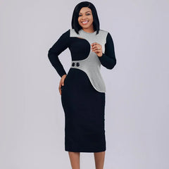 Elegant Elastic Patchwork Bodycon Pencil Dress Women Club Clothing Long Sleeve O-neck Back Split Vintage Night Party Midi Dress