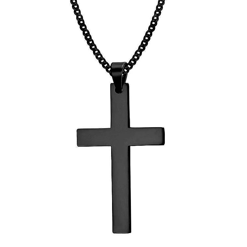 Showlu stainless steel cross pendant necklace with punk hip hop link chain, featuring a bold metallic design and intricate chain links.