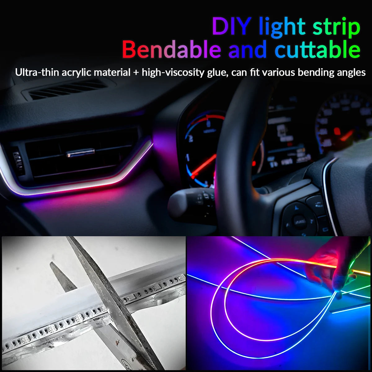 RGB car ambient light strip by Showlu Smart General, 18-inch length, app-controlled, colorful interior lighting for vehicles.