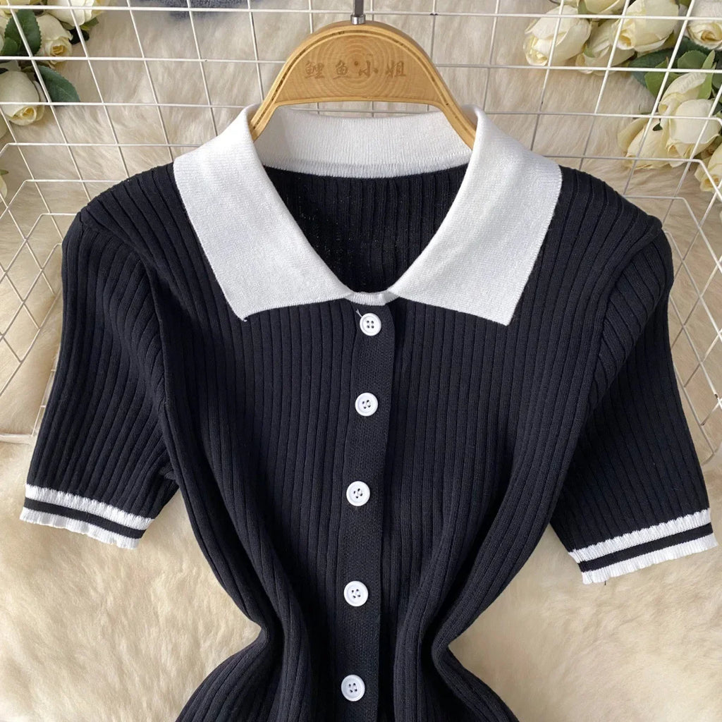 Kalenmos women's two-piece mini skirt set featuring a polo knit top and pleated skirt, stylish and casual fashion ensemble.