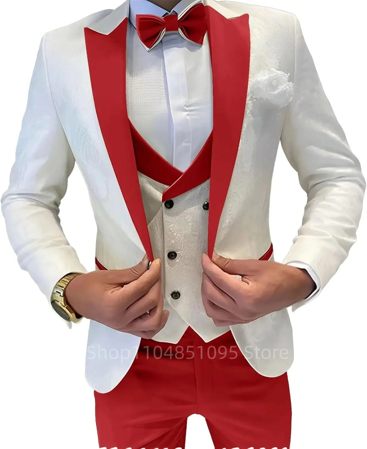 Men's formal jacquard suit by Showlu Fashion, three-piece set with blazer, vest, and pants, featuring peak lapel for business or wedding.