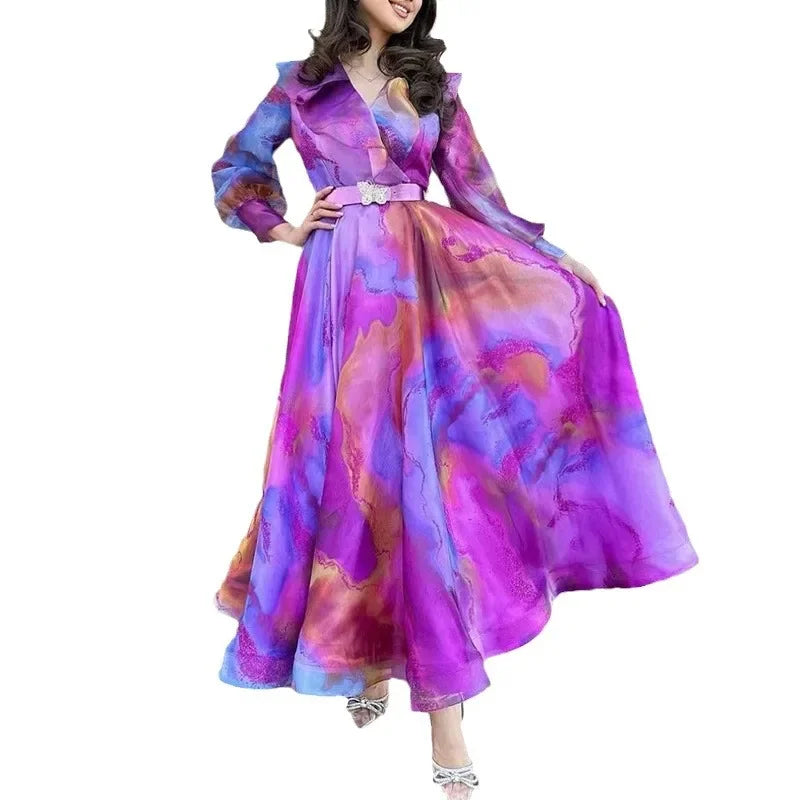 SHOWLU FASHION women's print A-line dress with long sleeves, suitable for office wear, featuring a stylish and comfortable design.