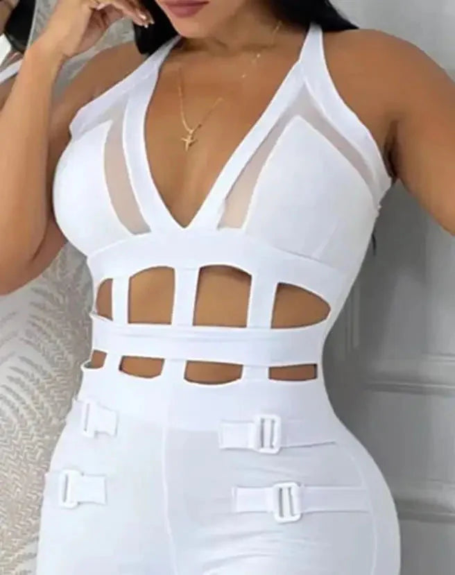 Slim fit women's mesh jumpsuit by SHOWLU FASHION, sleeveless with hollow out design and bodysuit style, shown in black.