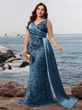 Showlu Fashion Plus Size V-neck sequin evening dress with sleeveless mermaid silhouette for formal parties and elegant events.