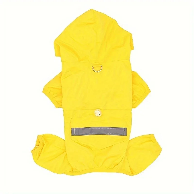 Showlu Fashion dog raincoat with hood and D-ring, waterproof pet jacket designed for outdoor protection in rainy weather.