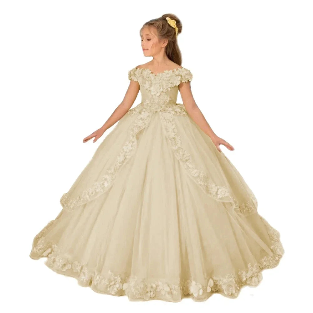 Yellow flower girl dress with beading and appliqué details, perfect for pageants, birthdays, and first communions for girls.