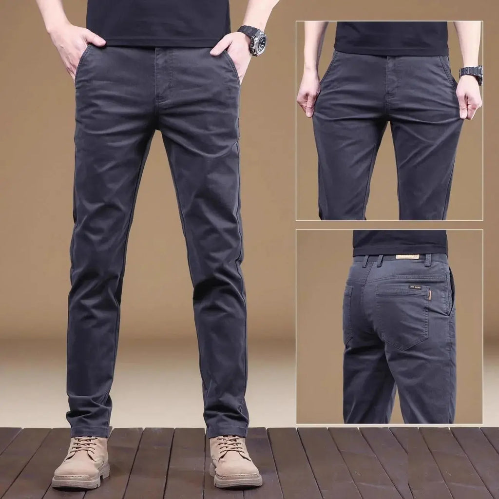 Showlu men's slim straight cotton casual pants in beige, lightweight business trousers with a relaxed fit and front pockets.