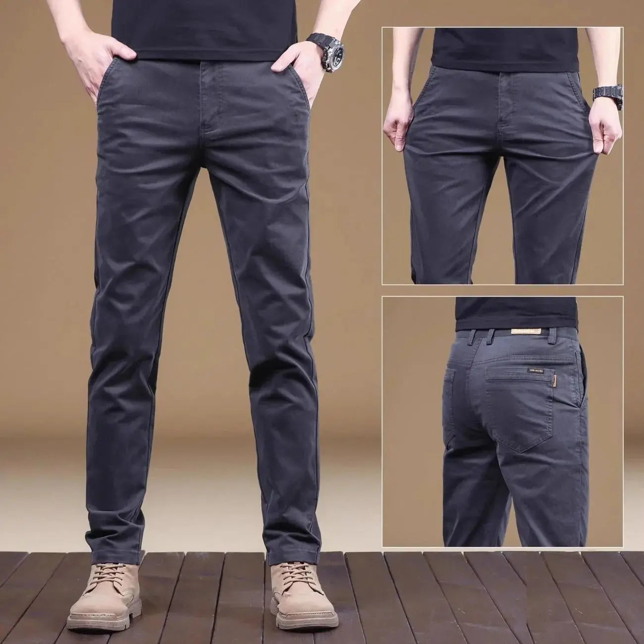 Showlu men's slim straight cotton casual pants in beige, lightweight business trousers with a relaxed fit and front pockets.