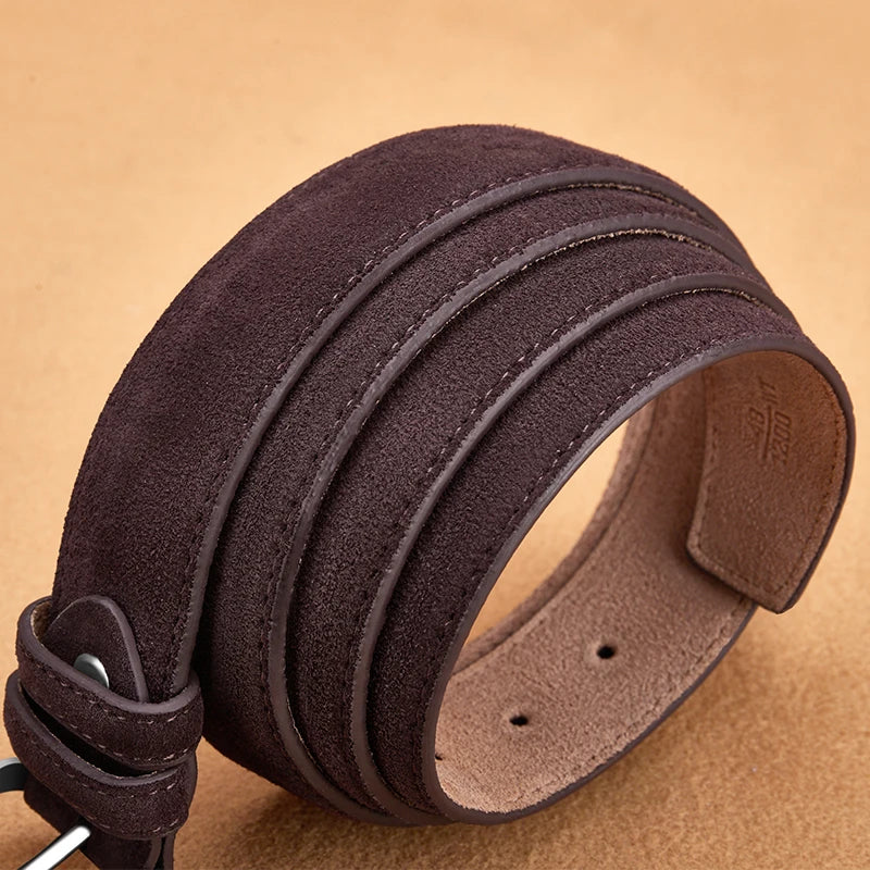 Genuine leather Sude belt with blue-gray Oxford fabric strap, luxury pin buckle, suitable for men and women.