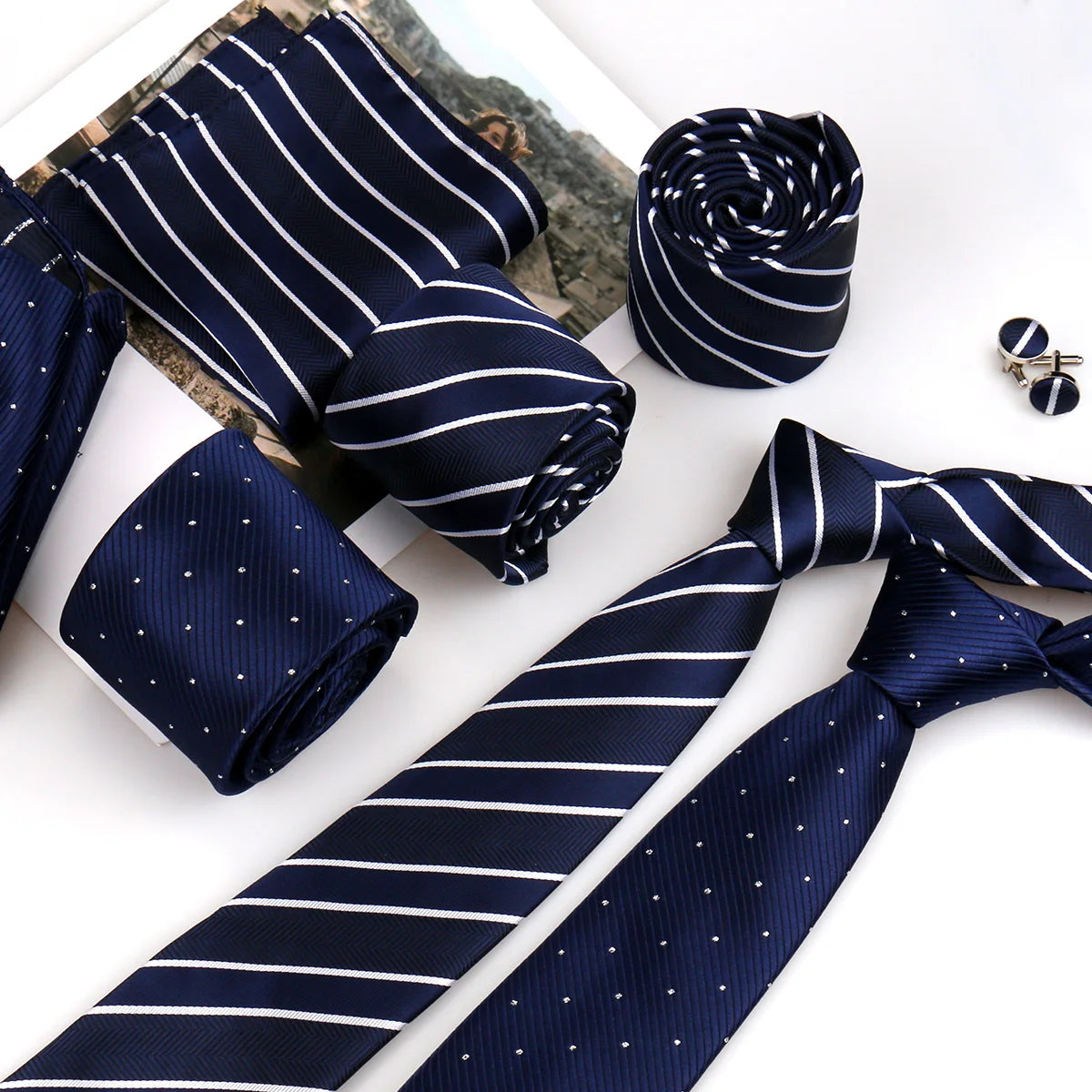 HUISHI Luxury Elegant Gifts For Men Tie Set Striped Necktie Handchief Cufflinks 3 Pcs Business Party Wedding Suit Accessories