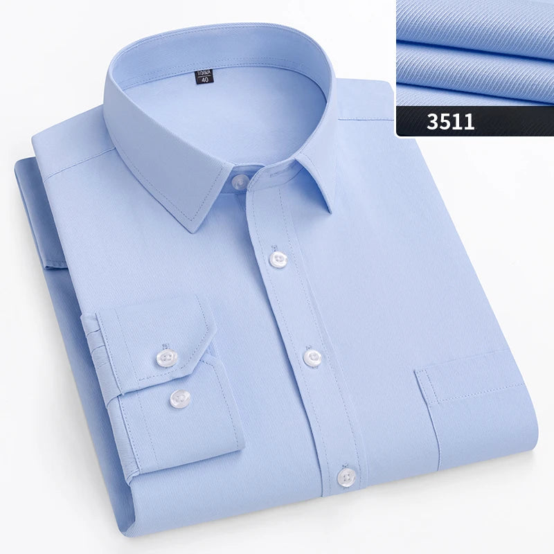 Plus size men's slim fit formal shirt with double collar, long sleeves, solid color, ideal for office or business attire.