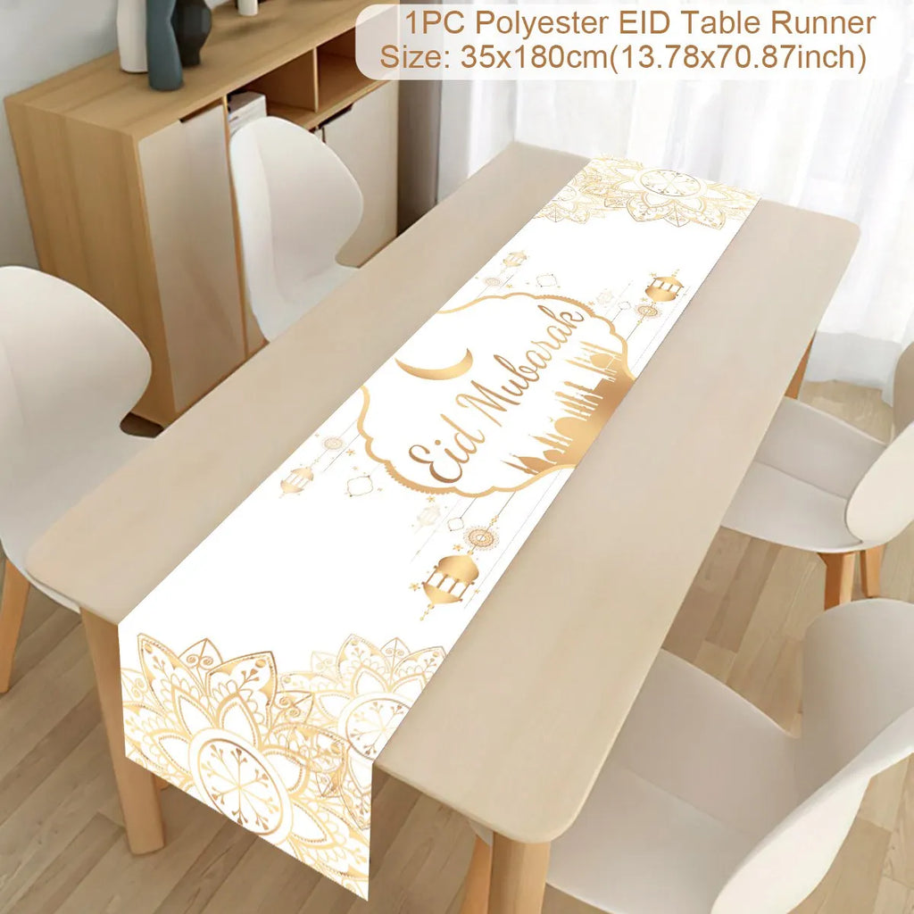 Ramadan decoration table runner with Eid Mubarak design, ideal for Islamic home Eid al-Fitr celebrations and Muslim parties.