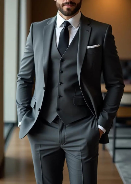 Tailor-Made Grey Men's Suits 3 Pieces Classic Slim Fit Suit for Groom and Groomsmen Events & Dinners Prom Suit (Jacket+Vest+Pant