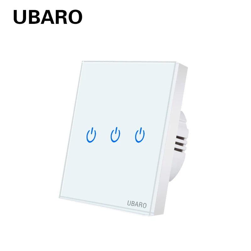 Showlu Smart Touch Wall Light Switch with glass panel, available in 1, 2, or 3 gang options, modern and sleek design.