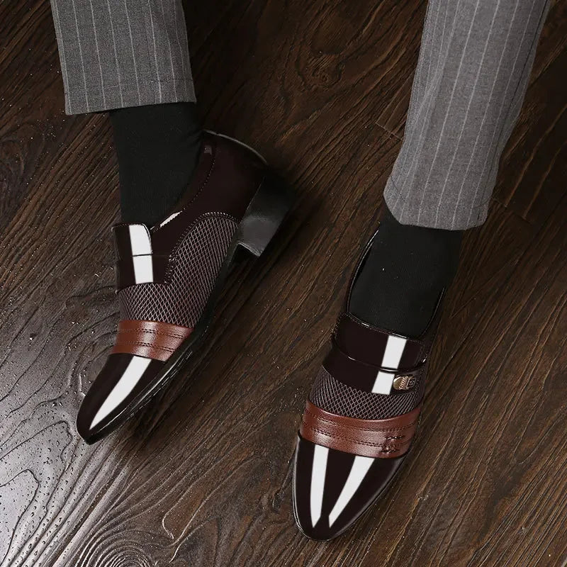 Black leather men's Oxford shoes by Showlu Fashion Store, classic slip-on formal loafers for business and dress occasions.