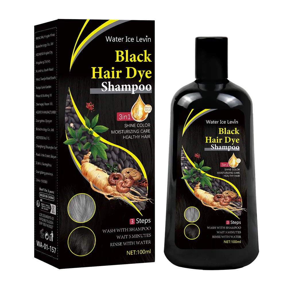 Water Ice Levin 3-in-1 black hair dye shampoo by SHOWLU FASHION STORE with organic ginger essence, 100ml bottle.