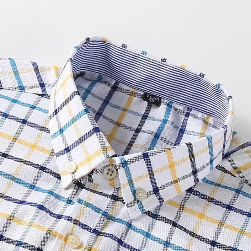 Men's long sleeve plaid Oxford shirt by Showlu Fashion, 100% pure cotton, striped checked design, 7XL red casual and business shirt.