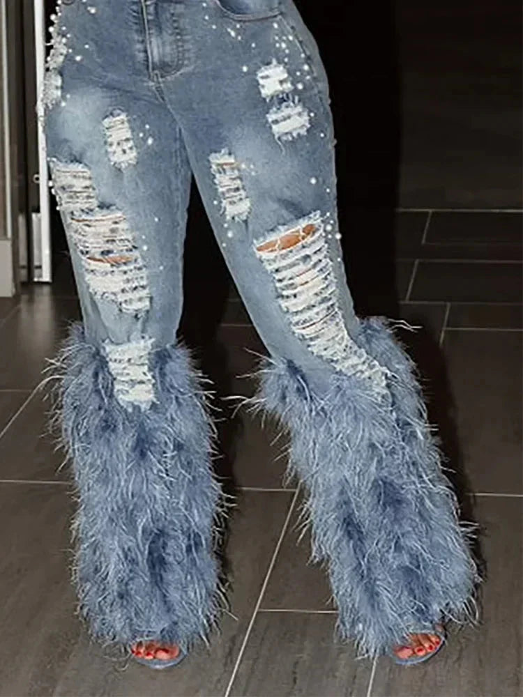 SHOWLU Women's Y2K high waist feather tassel denim jeans with vintage style and distressed details, perfect for trendy casual wear.