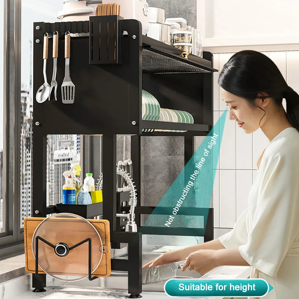 Steel 3-tier over-the-sink dish drying rack with cover organizer, designed for efficient kitchen dish drying and storage.