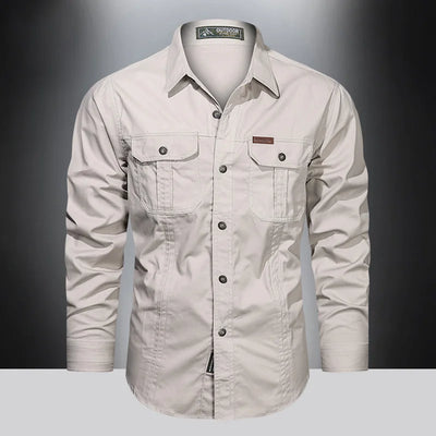 SHOWLU Men's Cotton Cargo Shirt – Long Sleeve Multi-Pocket Military Overshirt