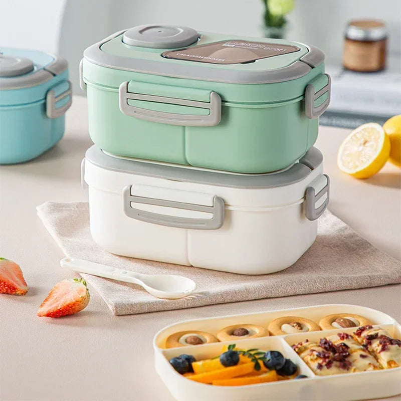 Portable wheat straw bento lunch box with handle, reusable food container for meals and snacks, ideal for on-the-go meals.