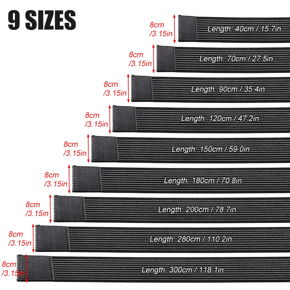 Nine black elastic compression straps of varying lengths from 40cm to 300cm, all 8cm wide.