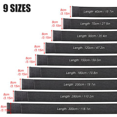 Nine black elastic compression straps of varying lengths from 40cm to 300cm, all 8cm wide.