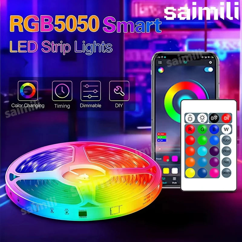 Showlu Smart WiFi LED Strip 5M showcasing colorful, flexible LED lights with remote control and smart connectivity features.