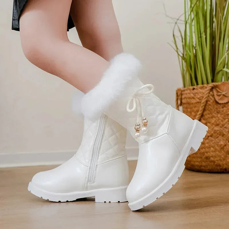 Girls winter snow boots by SHOWLU FASHION STORE, mid-calf PU leather boots with decorative bows designed for cold weather.