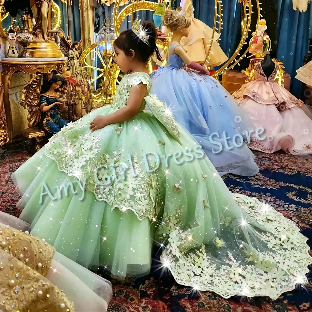 Customized Champagne Flower Girl Dresses For Wedding Appliques With Bow Elegant Princess Birthday Party First Communion Gown