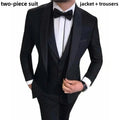 Black men's 3-piece slim fit tuxedo suit with shawl lapel, includes jacket, vest, and trousers for formal occasions