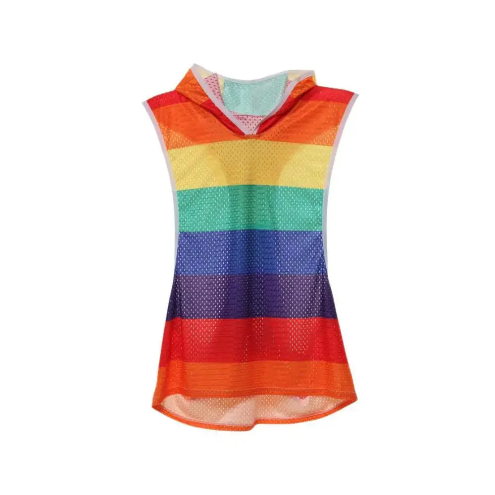 SHOWLU men's rainbow striped hooded tank top and mesh shorts fitness set, casual athletic wear with vibrant rainbow pattern.