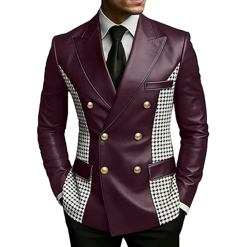 Men's brown leather blazer with houndstooth sides, double-breasted design, slim fit, gold buttons, vintage style, tuxedo jacket by Showlu Fashion