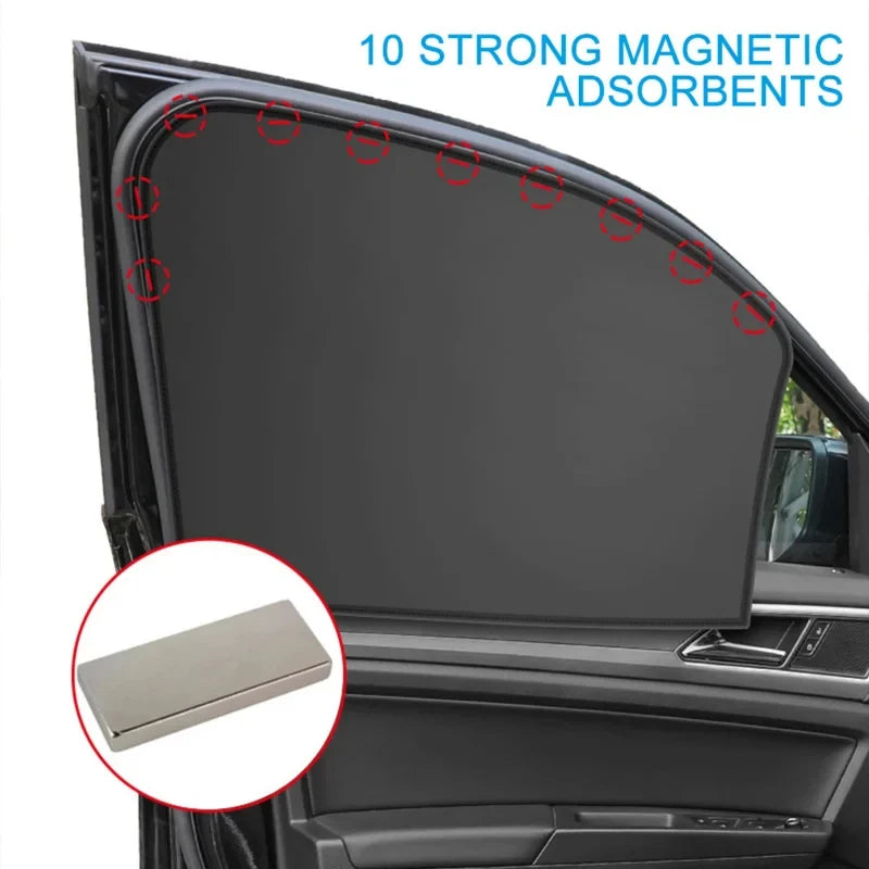 Magnetic car sunshade by Showlu Smart General blocking sunlight through a vehicle window with a sleek black design.